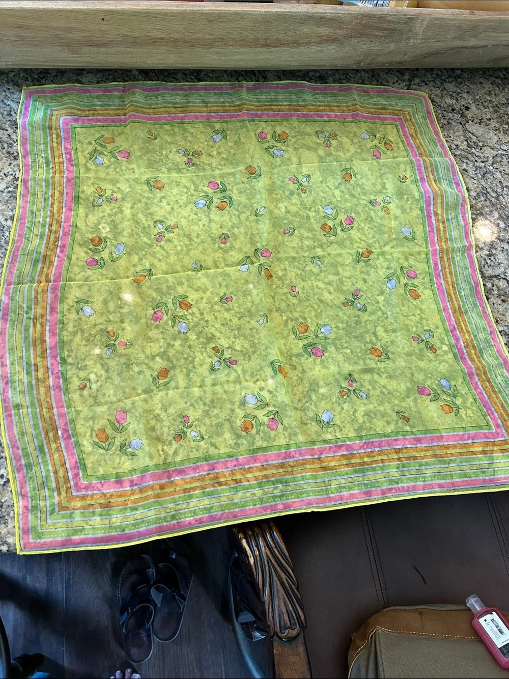 1960’s26 x 26 Green Floral Sheer Square Scarf with Pink and Orange Tulip Accents